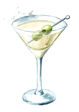 Martini with olives. Watercolor hand drawn illustration isolated on white background