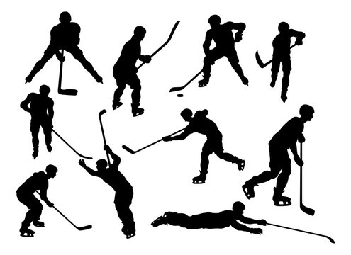 A set of detailed silhouette hockey players in lots of different poses
