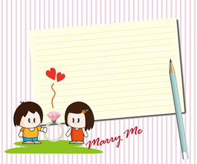 Note pad plus pencil with boy asking girl to marry him