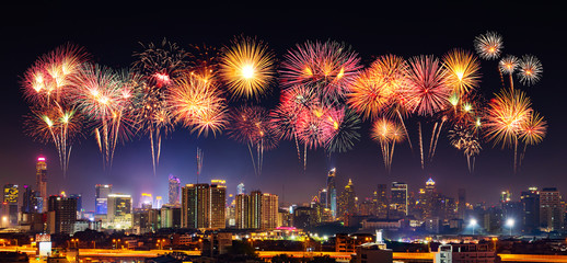 Happy new year firework with Bandkok cityscape at night