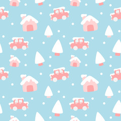 House, car and pine tree in winter