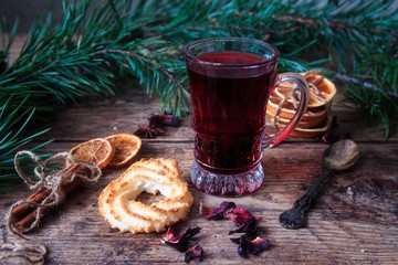 Christmas still life with hibiscus tea