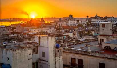 Havana cityscape at Sunrise. Photo taken from a building located in the old town and historic center of Havana, Cuba.