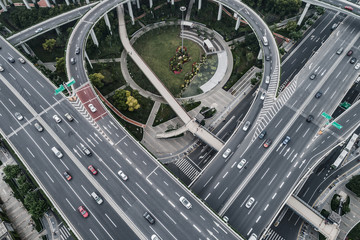 Aerial view of highway and overpass in city