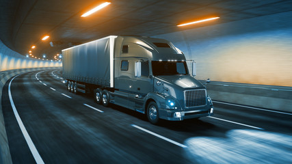Trailer truck rides through tunnel warm yellow light 3d rendering