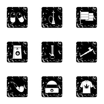 Marijuana icons set. Grunge illustration of 9 marijuana vector icons for web