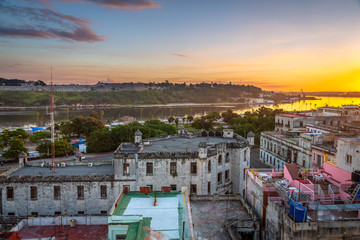 Havana cityscape at Sunrise. Photo taken from a building located in the old town and historic center of Havana, Cuba.