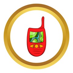 Hand held radio with GPS navigator vector icon in golden circle, cartoon style isolated on white background