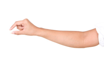Female caucasian hand gestures isolated over the white background.