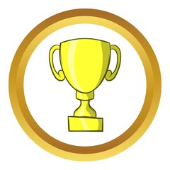 Trophy vector icon in golden circle, cartoon style isolated on white background
