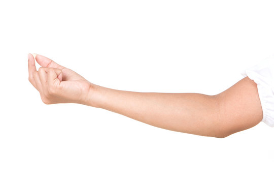Female caucasian hand gestures isolated over the white background.