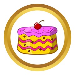 Cake vector icon in golden circle, cartoon style isolated on white background