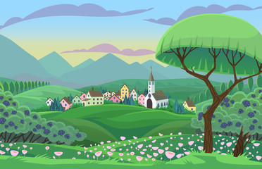 Summer vector scene with village and tree in fields.