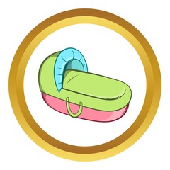 Baby cradle bed vector icon in golden circle, cartoon style isolated on white background