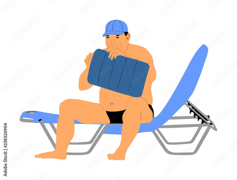 Wall mural Senior man sitting on sun bed sofa lounge chair on holidays. Summer luxury vacation. Day on the beach vector illustration, sunbathing by the pool. Mature fat man blowing air pillow. Retired man.