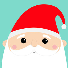 Santa Claus face head icon set. Merry Christmas. New Year. Red hat. Moustaches, beard. Cute cartoon funny kawaii baby character. Greeting card. Flat design. Blue background.
