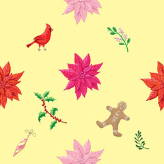 Seamless Pattern Christmas Decoration with Poinsettia and Ginger