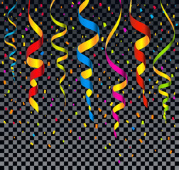 Falling colorful shiny streamers and confetti isolated on transparent background. Birthday, Christmas or Happy New Year confetti vector illustration