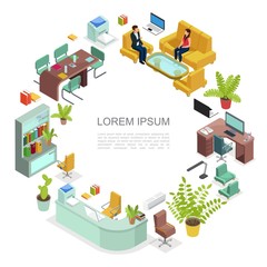 Isometric Office Workplace Round Concept