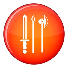 Ancient weapon sword, pick and axe icon in red circle isolated on white background vector illustration