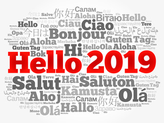 Fototapeta premium Hello 2019 word cloud in different languages of the world, background concept