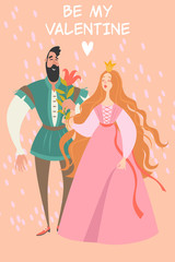 Vector Valentines day Illustration with cute princess and prince with a flower
