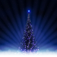 Christmas blue postcard with shiny Christmas tree with rays of light.