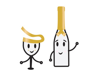 Cute cartoon wine glass with Gold decoration and cartoon Champagne bottle on White background