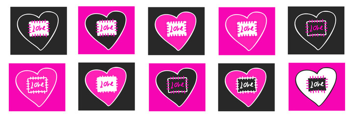 Vector hearty set. Hand drawn isolated black, bright pink hearts in outline with patch sewn thread and word 