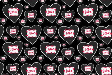 Vector seamless pattern hand drawn black hearts in white outline with patch sewn thread and red word 