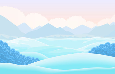 Vector winter horizontal landscape with snow capped valley. Cartoon illustration