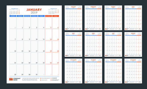Wall calendar planner template for 2019 year. Week starts on Monday. Vector illustration