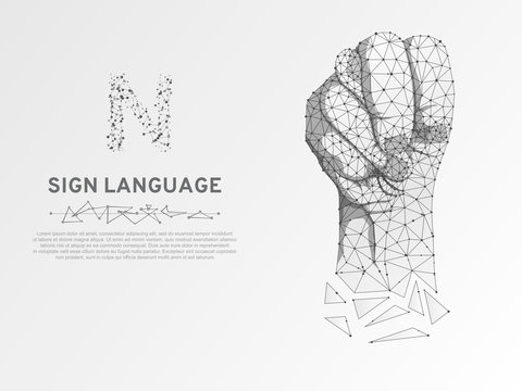 Origami Sign language N letter, Russian Sing Dulya Figa Shish Kukish behind second finger. Polygonal space low poly style. People silent communication. Connection wireframe Vector on white background