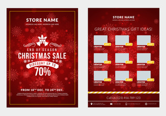 Christmas sale catalog design. Business flyer template. Vintage badge with winter background