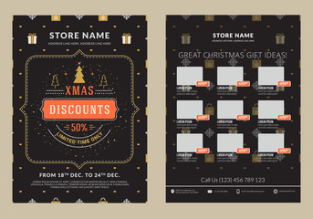 Christmas sale catalog design. Business flyer template. Vintage badge with winter background