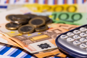 pen, calculator , money , graph for finance and business concept