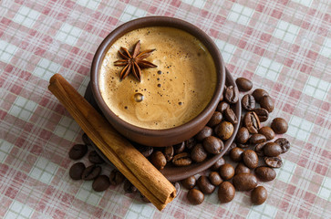 coffee, coffee beans, spices, star anise, cinnamon, sugar, canvas