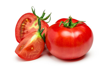 red tomato vegetable with cut isolated on white background