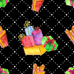 Watercolor Christmas seamless pattern with presents.