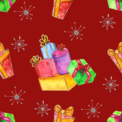 Watercolor Christmas seamless pattern with presents.