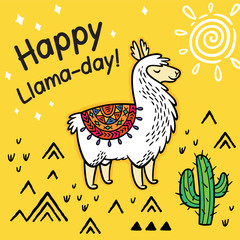Fototapeta na wymiar Happy llama day. Cute cartoon llama vector card.