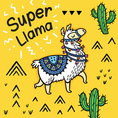 Super llama. Cute cartoon llama vector card.