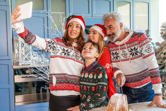 Happy Family Reunited On Christmas Day Taking A Selfie