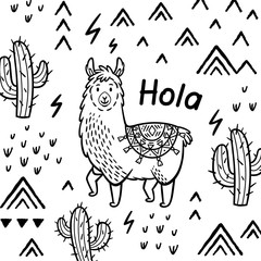 Hola card. Ink cartoon llama vector print © penguin_house