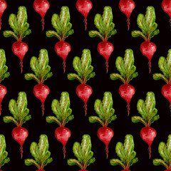Watercolor Vegan Pattern. Seamless Hand Drawn  Vegetables. Healthy Food Print. Gardening Background. Greenery Repeatable Design for Menu, Restaurant, Salat Bar, Farmers Market. Beetroot. Vegetarian.