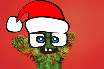 Cactus hipster man with santa hat. Tropical Christmas concept. Minimal fun art. Fashion set design. Stillife. Trendy bright colors.