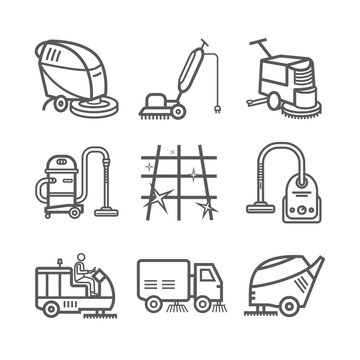 Industrial Cleaning Service. Worker. Vacuum Scrubber. Sweeper Machines. Thin line icon set. Vector illustration.