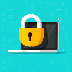 Laptop computer security vector icon, flat cartoon desktop pc with closed lock, concept of firewall protection, privacy access, private data, safety service or system, prohibit or forbidden access
