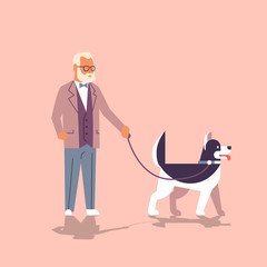 senior man walking with husky dog grandfather with his animal pet best friend concept flat cartoon character full length