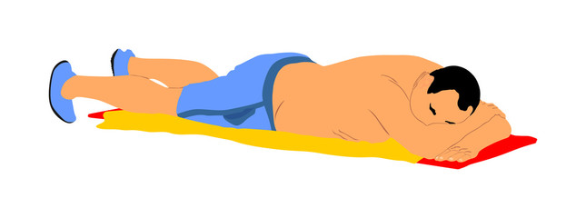 Senior, mature man sunbathing vector illustration. Man in swimwear spend relax time after work. Man lying on the rug on the beach. Massage therapy client. Relax summer scene, man lying on beach sand.